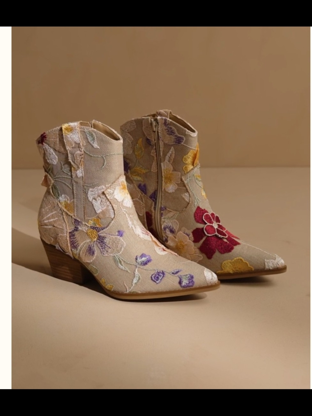 Embroidered Beige Floral Ankle Booties - Picture 1 of 3